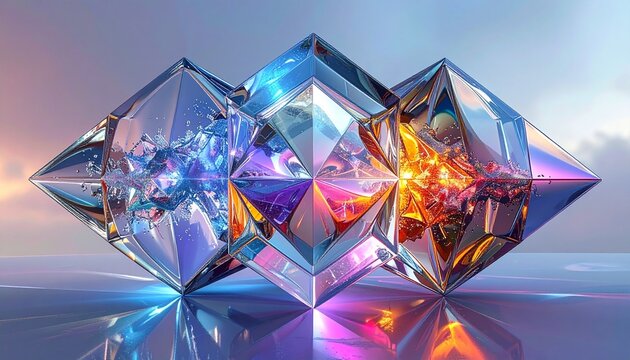 vibrant abstract glass gem cluster with prism light reflections and refractions
