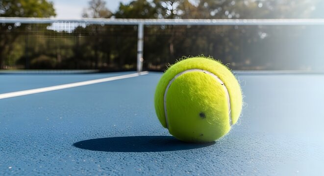 Close-up of a fuzzy neon green tennis ball resting on a vibrant blue hard court next to a white line,