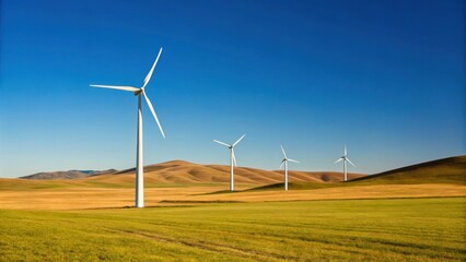 Obraz premium A row of wind turbines stands on rolling hills under a clear blue sky, generating clean energy in a vast rural landscape.
