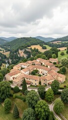 Fototapeta premium Charming French Village Aerial View with Traditional Rooftops Surrounded by Green Countryside