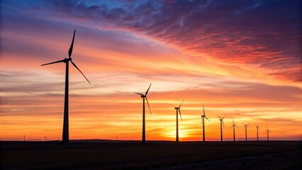 Obraz premium A row of wind turbines stands silhouetted against a vibrant orange and purple sunset sky, symbolizing renewable energy and sustainability.