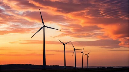 Obraz premium Wind turbines stand tall against a vibrant orange sunset sky, symbolizing renewable energy and sustainability in an open landscape.