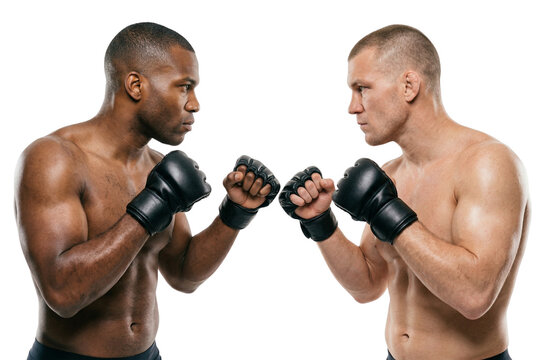 Two shirtless male MMA fighters in black gloves facing each other, ready to fight, isolated on white