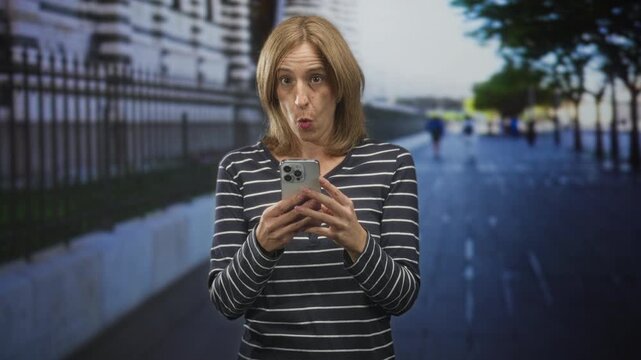 Woman holding smartphone with both hands, reading and reacting on a city street by an iron fence and pavement; surprise curiosity.