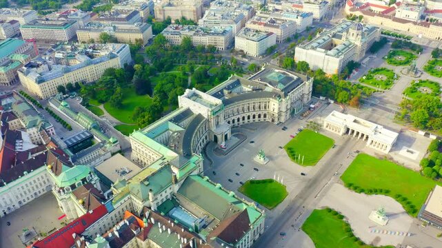 Vienna, Austria. Hofburg Palace (Neue Burg). Prince Eugen - The statue of the horseman. Flight over the city of Vienna. Drone footage, Point of interest