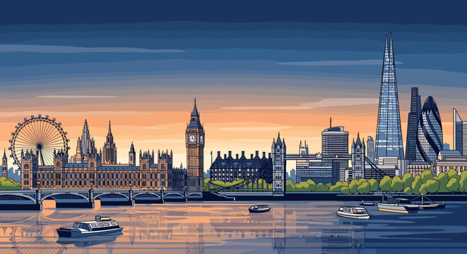 Pixel art panoramic view of London skyline at sunset with iconic landmarks reflected in the River Thames, featuring Big Ben, London Eye, and The Shard.