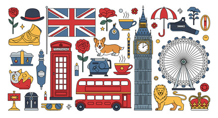 A vibrant collection of iconic British symbols and elements, including the Union Jack flag, red double-decker bus, telephone booth, Big Ben, London Eye, corgi, and crown. © Tukujajan