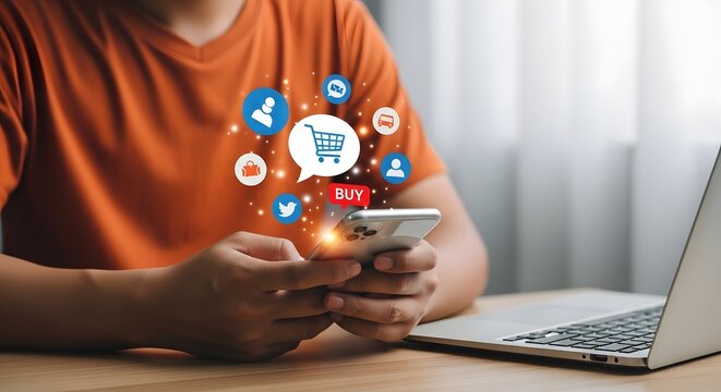 Social media integration person using smartphone with app icons displayed