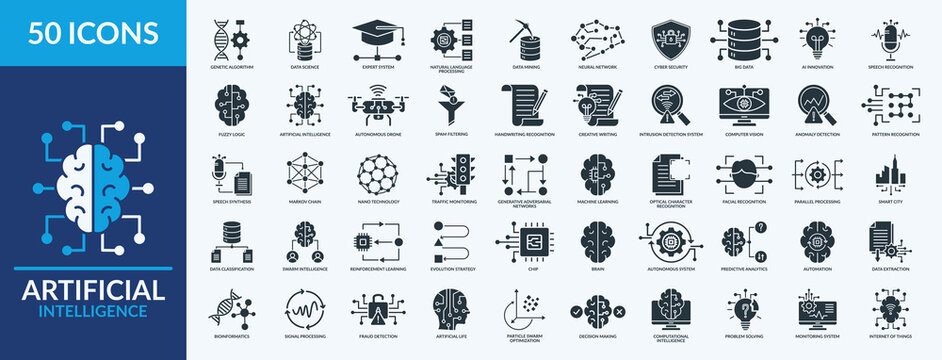 Artificial Intelligence icon set vector illustration. Containing icon of natural language processing, data mining, neural network and more. Glyph solid icon symbol collection