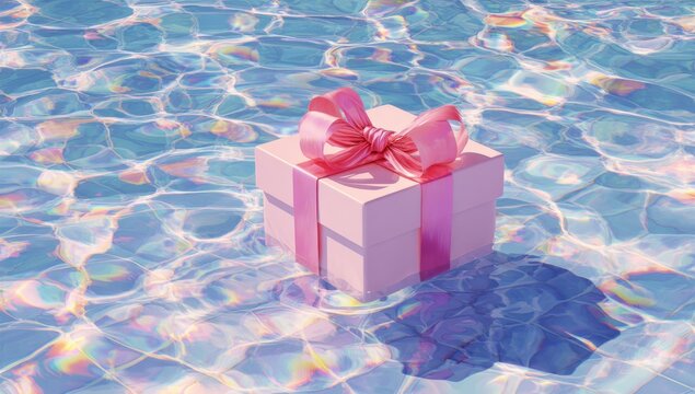 Submerged gift a pink present with a red bow under water creates a dreamy scene