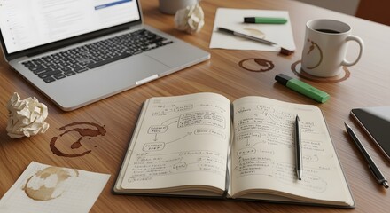 Obraz premium Messy workspace with laptop open notebook and coffee stains on wooden desk.