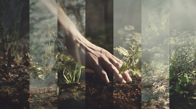 Hands interacting with plants at different growth stages arranged in a flowing progression, clean natural environment with subtle transitions between stages, soft balanced daylight for continuity, wid