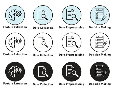 Stages of machine learning workflow depicted in three color variations Vector, illustration