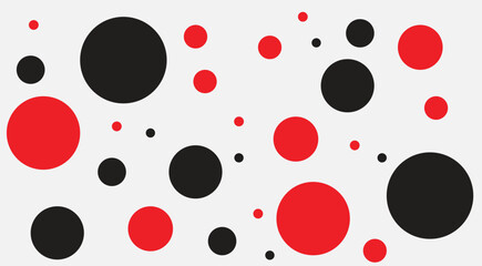 Abstract vector background with random black and red polka dots on a light gray backdrop. © TREND AND VECTORS