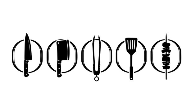 Framed butcher and barbecue icons silhouette vector set