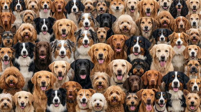 Large group of diverse dog breeds, full frame background texture, many different puppies and adult dogs looking at camera