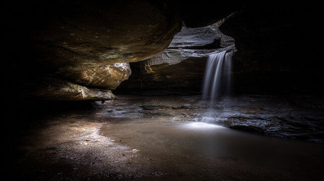 Underground Waterfall in a Rocky Cavern