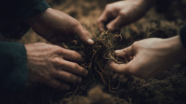 Hands of different ages gently touching soil and plant roots together, minimal outdoor setting with soft gradients, warm diffused light creating continuity, angled close-up shot with a 70mm lens, emot