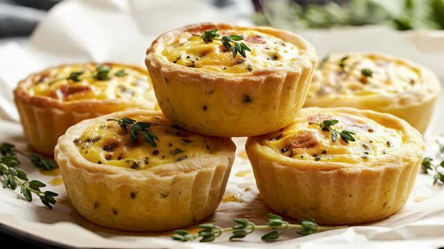 Delicious mini quiches with fresh thyme on parchment paper