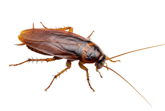 Brown American Cockroach insect pest with long antennae and shiny exoskeleton, isolated on white
