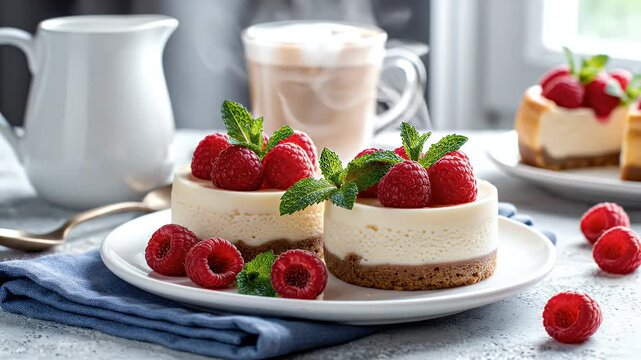 Delicious raspberry cheesecakes and coffee for a morning treat