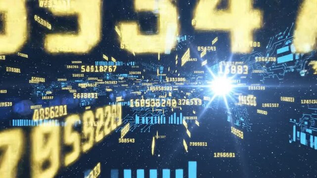 Abstract digital data stream with glowing numbers and circuits