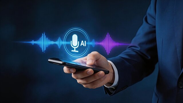 Businessman using AI voice assistant on smartphone with digital sound wave interface modern technology concept for smart communication and artificial intelligence innovation in