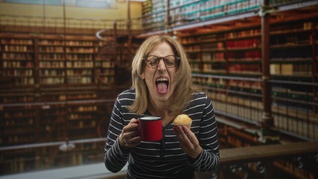 Woman holding red mug and muffin with mouth open, tongue out while standing in a library building, expressive face; surprise unease.