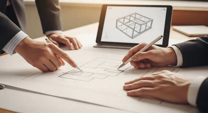 Architects collaborating on a blueprint for a house
