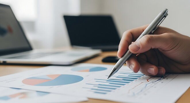 Professional analyzing business data, reviewing financial reports and charts on desk