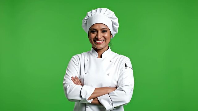 Confident female chef in white uniform and hat smiling in kitchen