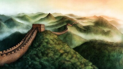 Fototapeta premium Majestic Great Wall illustration winding through green mountains bathed in soft warm light