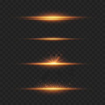 Realistic Golden Light Streak Set. Vector Horizontal Glowing Lines and Lens Flares on Transparent Background.