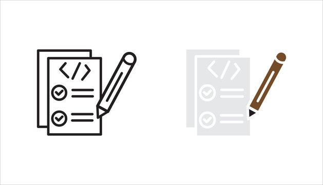 Document with code symbol and checklist with pencil line icon. Outline symbol representing code review, task checklist, software documentation, and development workflow.