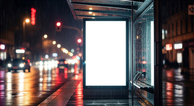 Blank billboard mockup at city bus stop with blurred traffic lights at rainy night, illuminated empty poster frame