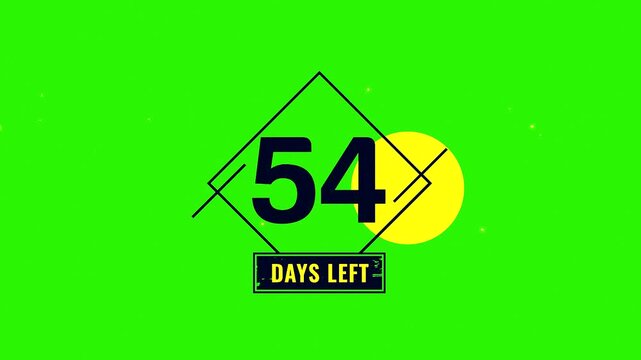 54 Days Left, Number fiftyfour in a diamond shape on green screen background with black lines and rectangle  graphic design element
