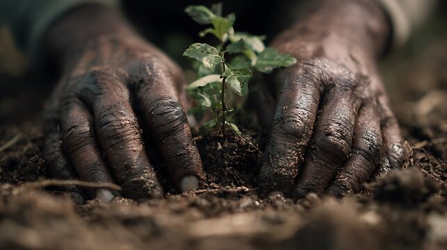 Soil-stained hands pressing earth around a plant base during manual work, minimal farm background with subtle blur, strong natural light emphasizing texture, macro shot with a 100mm lens, documentary 