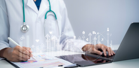 AI healthcare analytics medical data visualization doctor using tablet laptop digital report...