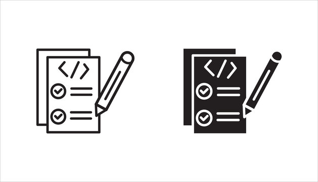 Document with code symbol and checklist with pencil line icon. Outline symbol representing code review, task checklist, software documentation, and development workflow.