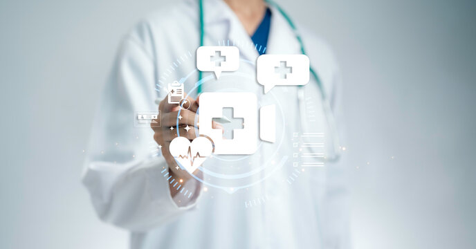 Doctor using stylus touch digital healthcare system medical interface telemedicine communication patient monitoring smart clinic health data technology online consultation care innovation