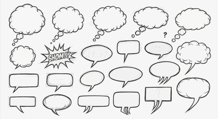 Fototapeta premium Collection of Hand-Drawn Comic Speech Bubbles with Various Shapes and Styles