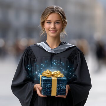 Young female graduate holding a glowing digital gift box with binary code representing the future of education and technology