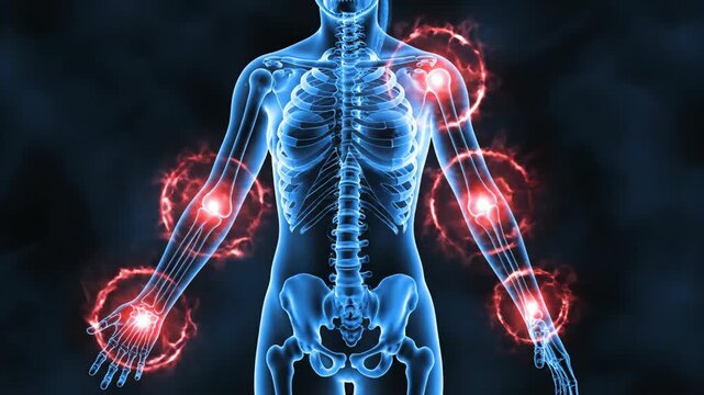 Human anatomy skeleton with glowing joints indicating pain or inflammation