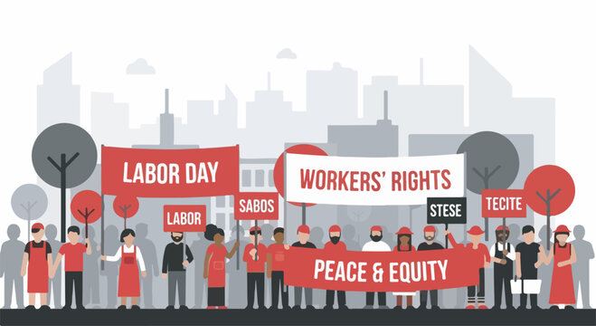A diverse group of people marching in a parade holding banners for Labor Day, Workers' Rights, Peace, and Equity.