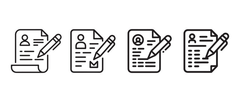 Line Icons Set. Resume, Application Form, Data Entry, and Profile Management. Minimalist outline design with a pen.