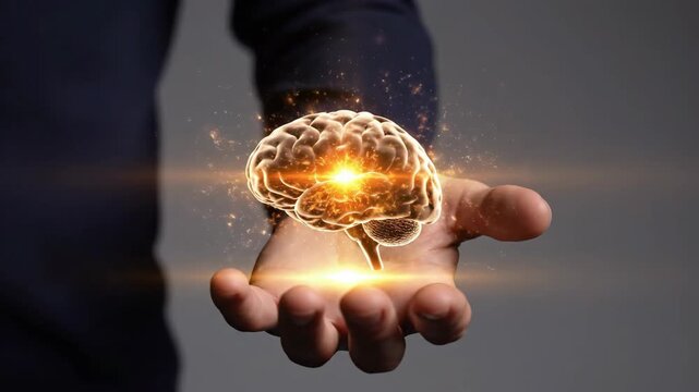 Illuminated human brain concept glowing brightly with energy and sparks held in an open palm, representing ideas, innovation, and intelligence