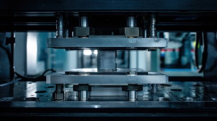 Fototapeta premium Industrial machinery close up of metal pressing process with mechanical components