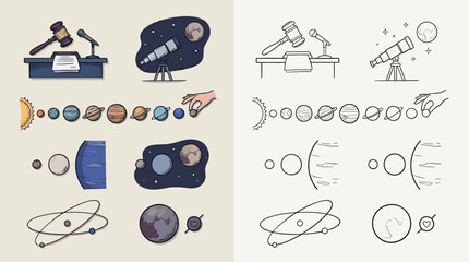 Illustrations depicting astronomical concepts, including the solar system, planets, telescopes, and scientific presentations. © renender