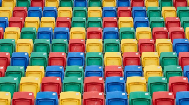 Rows of empty, brightly colored stadium seats in a repeating pattern of red, blue, green, and yellow.