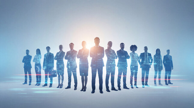 Group of business people standing together with digital connection overlay representing teamwork technology and collaboration concept